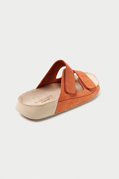 Mubiano Справжня шкіра Літні жіночі капці з подвійною стрічкою з нубуку та спеціальною підошвою, помаранчеві - MSSR26-ORJ