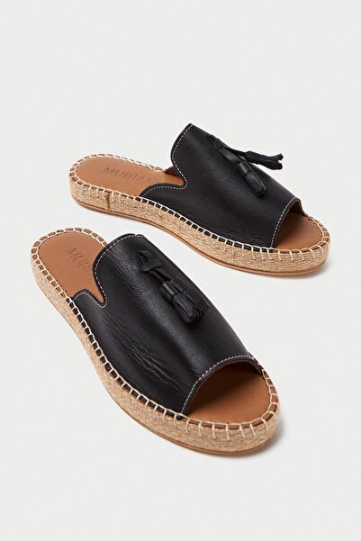 Mubiano Hakiki Deri 605-S Püsküllü Siyah Kadın Espadril Terlik