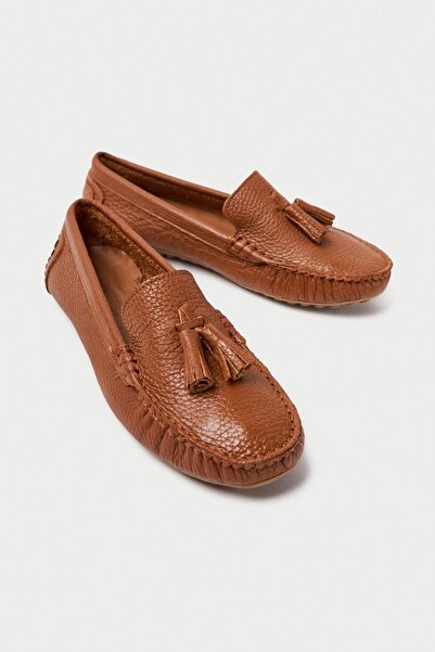 Mubiano Hakiki Deri 201-TB Püsküllü Oval Burunlu Kadın Taba Babet & Loafer Ayakkabı