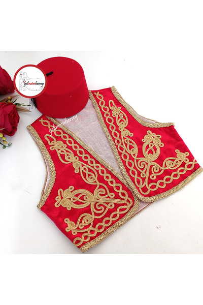 Gelincimherşey Local Traditional Boy Embroidered Red Vest Fes Costume