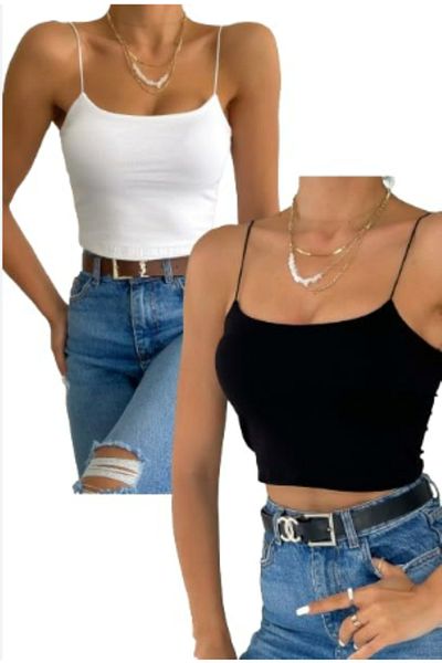 İpeqCollection Set de 2 bluze din bumbac pieptănat Crop Bustier cu bretele Un set de calitate