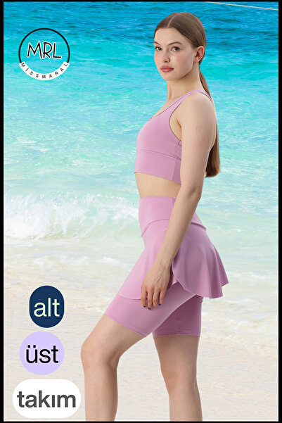 missmaral Kadın Takım Alt - Üst Biker Şort Diz Üstü &Crop Bra Ped Destekli Denizde Havuzda Sporda Llia