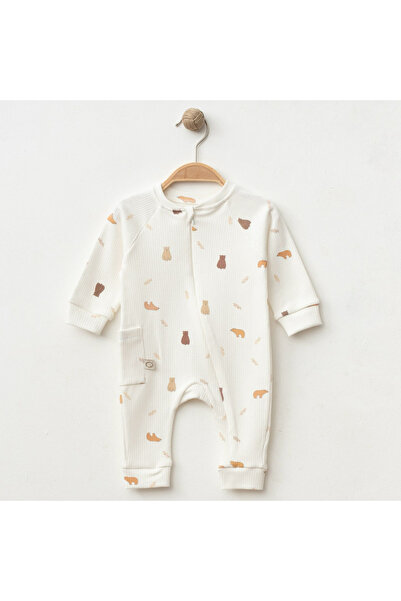HENGAME Obaby Unisex Ayıcık Desenli Fermuarlı Pamuklu Tulum - Ekru (0-3 / 3-6...