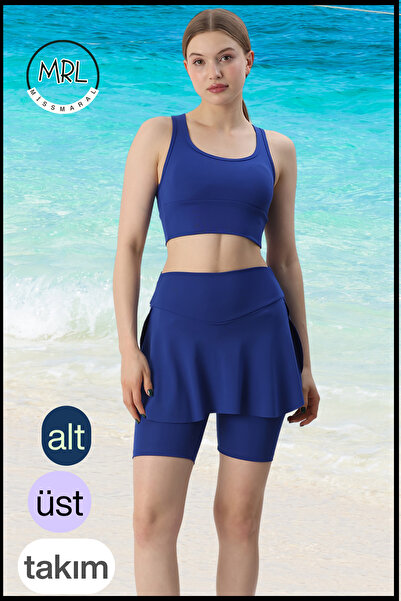 missmaral Women's Set Bottom - Top Biker Shorts Above Knee &Crop Bra Pad Supported Blue in the Sea in the Pool in Sports