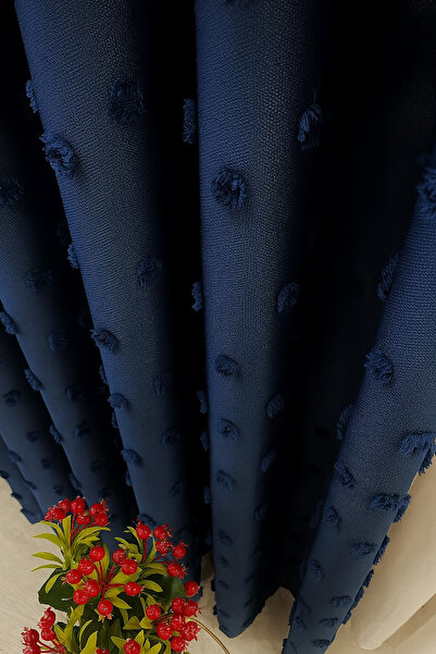 Emuz Püsküllü Lacivert Keten Fon 1 / 3 Sık Pileli ( Tek Kanat ) Fon, Perde, Tül,