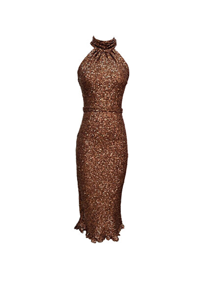 ElifNaz Bakır Boğazlı Kolsuz Maxi Elbise