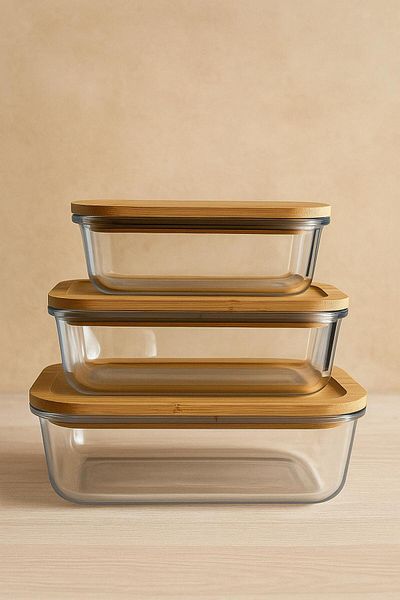 Noah Set of 3 Lu Storage Containers (650ml 1000ml 1500ml)-Heat Resistant-Bamboo Leak Proof Lid