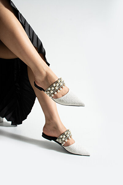 Lorenn Pearl White Straw Pearl Detailed Women's Slippers