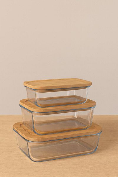 Noah Set of 3 Lu Storage Containers (650ml 1000ml 1500ml)-Heat Resistant-Bamboo Leak Proof Lid