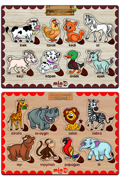 minİQ toys Ahşap Türkçe Orman ve Çiftlik Hayvanları 2’li Set Eğitici-öğretici...