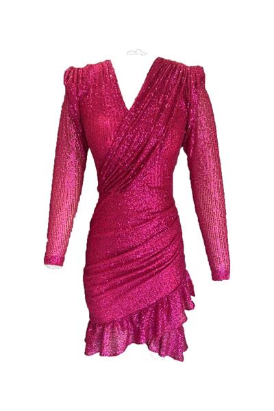 ElifNaz Payetli Fırfırlı Elbise Fuşya
