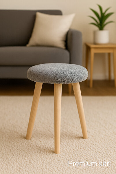 LOTUS PORT Gürgen Ahşap Retro Ayak Dekoratif Gri Pelüş Puf Tabure Bench Koltu...