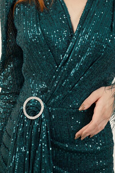 ElifNaz Payetli Otriş Detaylı Karpuz Kol Elbise Zümrüt Yeşili