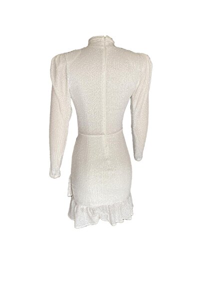 ElifNaz Boğazlı Payetli Fırfırlı Elbise Beyaz