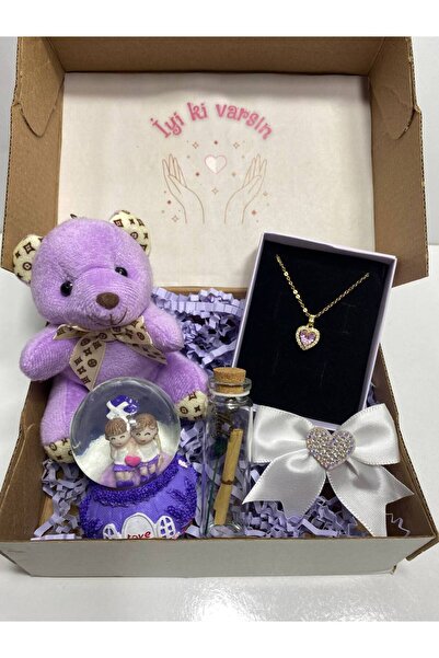 miraybutikhediyelikesya İyi Ki Varsın Hediye Kutusu – Kalpli Kolye, Işıklı Kar Küresi, Peluş Ayıcık ve Dilek Şişesi