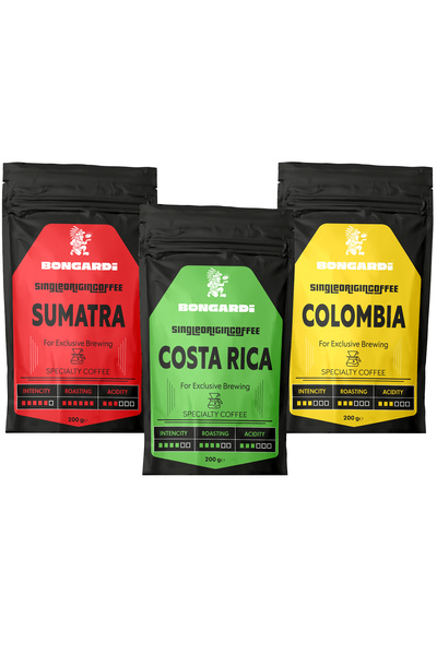 Bongardi Coffee Colombia Kosta Rika Sumatra Single Orjin Yöresel Kahveler 3x200g(ÇEKİRDEK VEYA ÖĞÜTÜLMŞ SEÇİLEBİLİR)