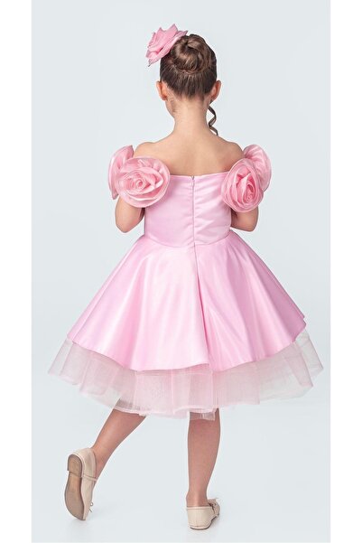 Baby BabyAden Gül detaylı tokalı kayık yaka saten kabarık abiye doğum günü parti kostüm kız çocuk elbise