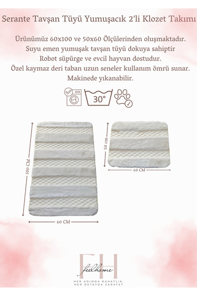 FeelHome Ургюп Кроляче хутро, нековзна підошва, пухнастий, м'який, ультра-люкс, праний 2-комплектний килимок для ванної кімнати