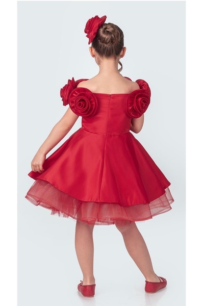 Baby Ροζ λεπτομέρεια αγκράφα με λαιμόκοψη σατέν φουσκωτό βραδινό φόρεμα για πάρτι γενεθλίων κοστούμι κορίτσι παιδικό φόρεμα