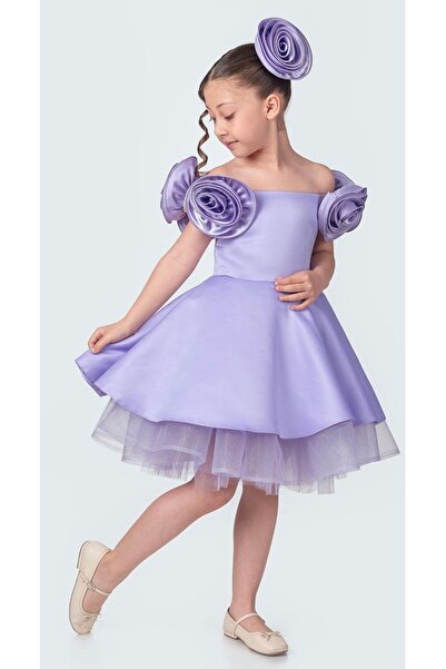 Baby Вечерна рокля BabyAden Rose с катарами и яка „бато“, пухкава, от сатен, ...