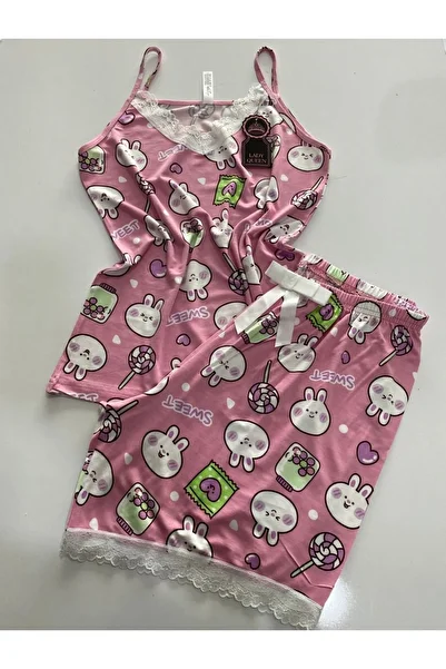 Lady Queen Women's Thin Straps Bamboo Pink Shorts Pajama Suit