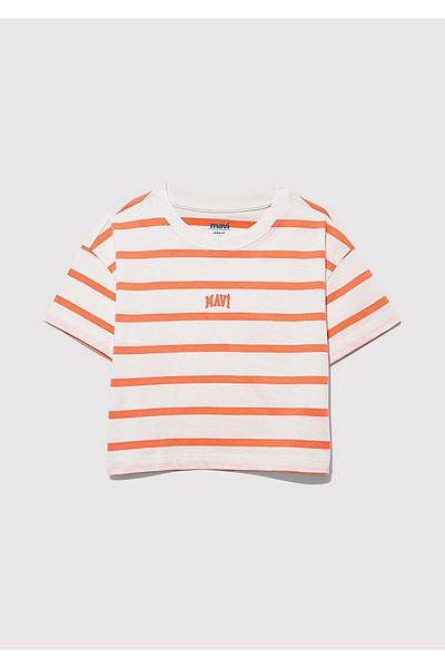 Mavi Orange gestreiftes, bedrucktes Crop-T-Shirt mit Logo, lockere, entspannte Passform