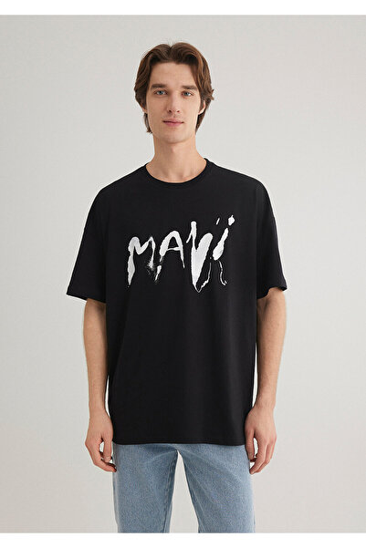 Mavi Baskılı Siyah Tişört Oversize / Geniş Kesim 0612469-900