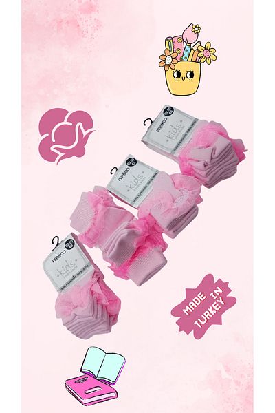 Kids Girls' Quarter Ankle Socks 12 Pack, Soft Turkish with Pink Tulle Edge, Suitable for School or Home Wear