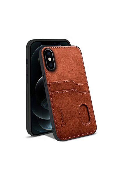 Zebana Apple iPhone XS Max Uyumlu Kılıf Kartlıklı Lüx Deri Kılıf Kahverengi