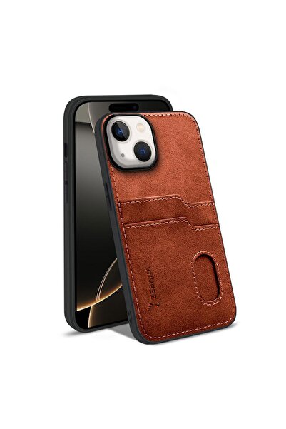 Zebana Apple iPhone 14 Uyumlu Kılıf Kartlıklı Lüx Deri Kılıf Kahverengi