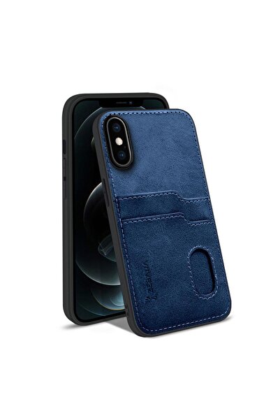 Zebana Apple iPhone XS Max Uyumlu Kılıf Kartlıklı Lüx Deri Kılıf Lacivert