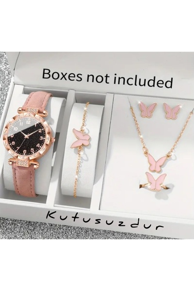 BBS 6 Parça Parlak Taşlı Kuvars Saat Bileklik Kolye Küpe Yüzük Takı Seti Kelebek Detaylı ( Kutusuz )