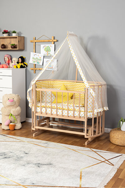Bamgidoo Ahşap Beşik Anne Yanı Beşik ORGANİK (Boyasız) 60x120 Sarı Yıldız Uyku Seti Yatak