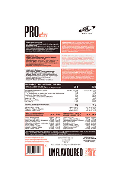 Pro Nutrition Protein Concentrate, Pro Whey, Unflavored, 900g