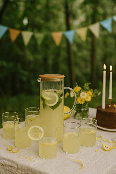 Noah Exclusive 7 Parça Bardak Ve Sürahi Seti - Bambu Kapaklı 2000 ml Sürahi 6...