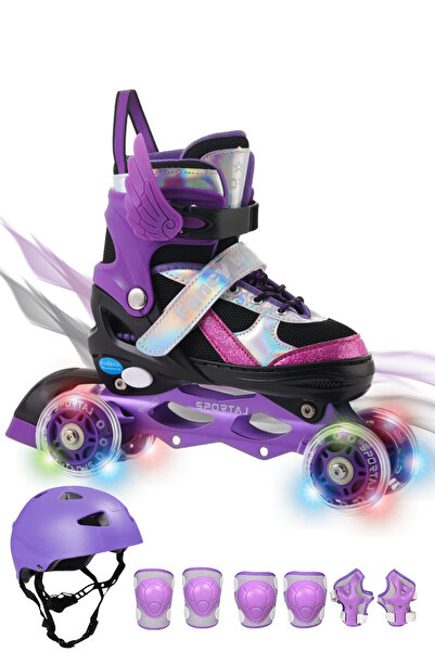 Sportaj Angel Wings Lighted Children's Skating Helmet and Knee Pad Set Silicone Wheel Adjustable Skates with Bag