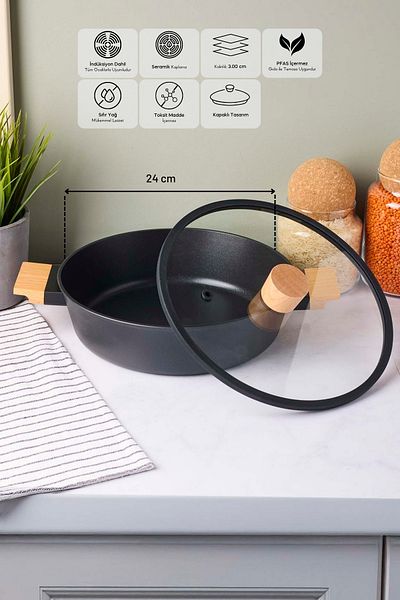 Perotti Cookwood Black Induction Base Ceramic Flat Pot with Wooden Handle and Lid 24 cm