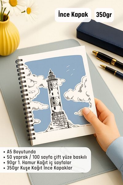 Eldesen Tasarım Set of 2 Unlined Notebooks, A5 Size 50 Sheets 100 Pages Set of 2, Lighthouse