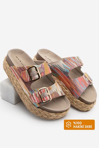 Marjin Women's Genuine Leather Thick Straw Sole Double Banded Daily Slippers Pusol Multi