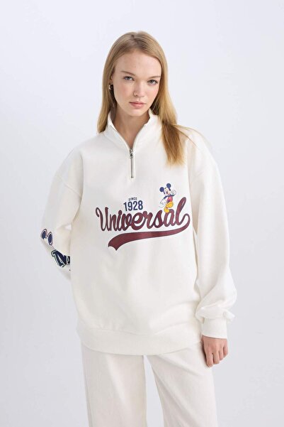 DeFacto Disney Mickey & Minnie Printed Oversize Λευκό Φούτερ - με φερμουάρ, γιακάς