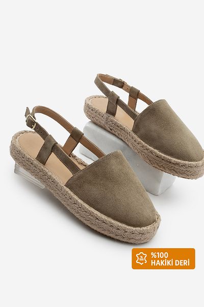 Marjin Olivgrüne Wildleder-Sandalen für Damen – echtes Leder, offener Rücken, Jute-Espadrille, Zutan-Soil-Wildleder