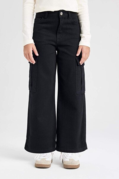 DeFacto Kız Çocuk Wide Leg Kargo Cepli Geniş Bol Paça Pamuklu Siyah Pantolon C8778A824AU