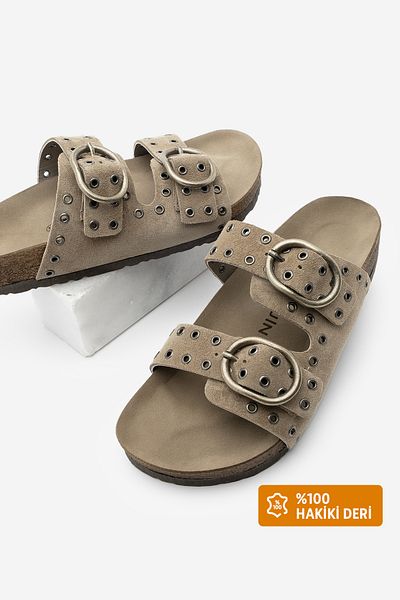 Marjin Olive Suede Casual Slippers - Genuine Leather, Buckle and Nivor Soil Suede
