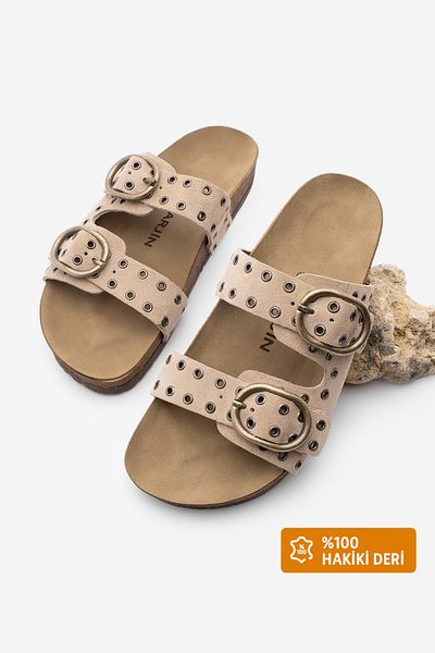 Marjin Γυναικείες παντόφλες Nivor Beige Suede Daily Trock Buckle