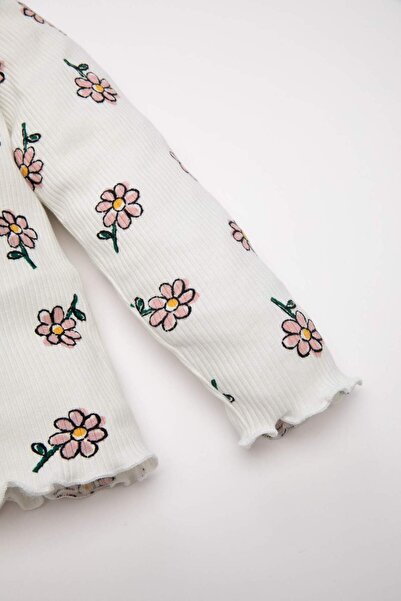 DeFacto Beige Long Sleeve T-Shirt - Baby Girl, Frilly, Floral Print, Ribbed Camisole D6194A5Ns