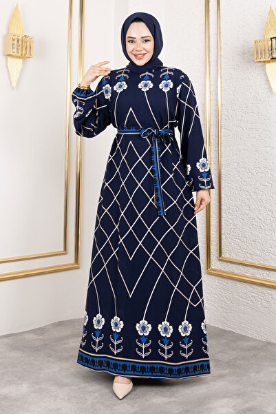Tesettür Dünyası Baklava Patterned Floral Viscose Long Hijab Dress Tsd250203 Navy Blue