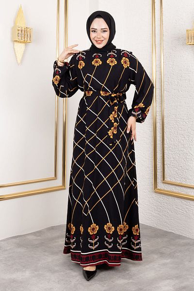 Tesettür Dünyası Baklava Patterned Floral Viscose Dress Tsd250203 Black