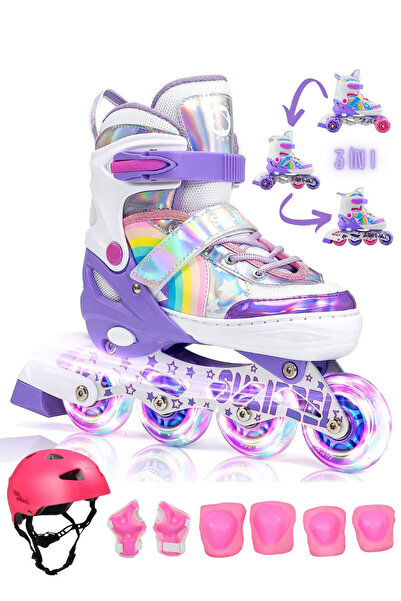 Sportaj Unicorn Işıklı Paten Kask Koruma Seti 2+2 Gökkuşağı Kız Çocuk Pateni Silikon Teker,Taşıma Çantalı 3