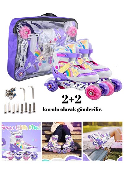 Sportaj Unicorn Işıklı Paten Kask Koruma Seti 2+2 Gökkuşağı Kız Çocuk Pateni Silikon Teker,Taşıma Çantalı 3