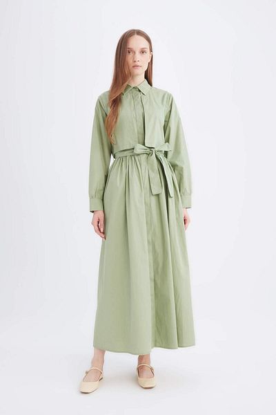DeFacto Shirt Collar Belt Button Long Sleeve Poplin Midi Dress E2215Ax24Au